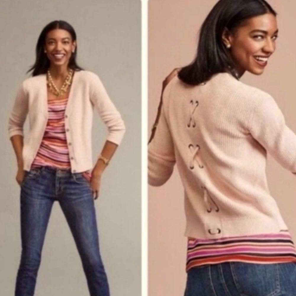CAbi Shaker Knit Eliza Cardigan w/ Lace Up Back Detail Medium